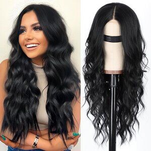 Women Black 26 Inch Long Wavy Hairline Middle Part Synthetic Heat Resistant Wig